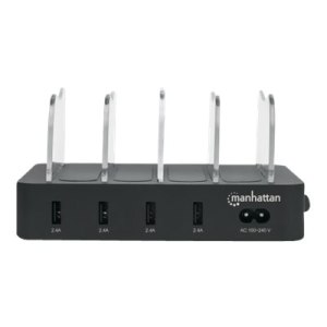 Manhattan Charging Station, 4x USB-A Ports, Outputs: 4x 2.4A, Smart IC, LED Indicator Lights, Black, Three Year Warranty, Box