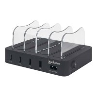 Manhattan Charging Station, 4x USB-A Ports, Outputs: 4x 2.4A, Smart IC, LED Indicator Lights, Black, Three Year Warranty, Box