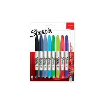 Sharpie 2065409. Schreibfarben: Mehrfarben, Punkttyp: Fein / Ultrafein, Für Materialien geeignet: Keramik, Stoff, Leder, Metall, Papier, Kunststoff. Menge pro Packung: 8 Stück(e), Verpackungsart: Sichtverpackung