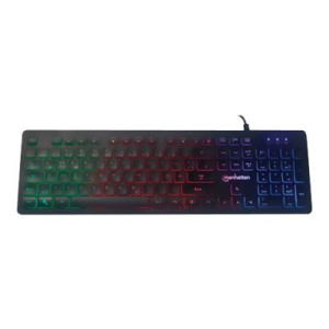 Manhattan Gaming USB Keyboard, Low Force Key Edition, 12 Multimedia Keys, Rainbow-LED Backlighting, USB-A, Black, Retail Box (German layout)