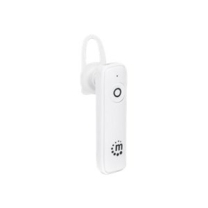 Manhattan Single Ear Bluetooth Headset (Clearance Pricing), Omnidirectional Mic, Integrated Controls, White, 10 hour usage time, Range 10m, USB-A charging cable included, Bluetooth v4.0, 3 year warranty, Boxed