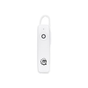 Manhattan Single Ear Bluetooth Headset (Clearance Pricing), Omnidirectional Mic, Integrated Controls, White, 10 hour usage time, Range 10m, USB-A charging cable included, Bluetooth v4.0, 3 year warranty, Boxed