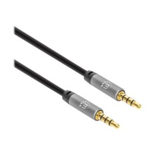 Manhattan Stereo Audio 3.5mm Cable, 1m, Male/Male, Slim Design, Black/Silver, Premium with 24 karat gold plated contacts and pure oxygen-free copper (OFC) wire, Lifetime Warranty, Polybag