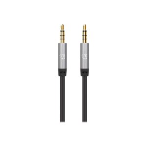 Manhattan Stereo Audio 3.5mm Cable, 1m, Male/Male, Slim Design, Black/Silver, Premium with 24 karat gold plated contacts and pure oxygen-free copper (OFC) wire, Lifetime Warranty, Polybag