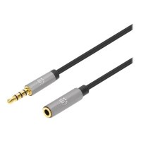 Manhattan Stereo Audio 3.5mm Extension Cable, 1m, Male/Female, Slim Design, Black/Silver, Premium with 24 karat gold plated contacts and pure oxygen-free copper (OFC) wire, Lifetime Warranty, Polybag