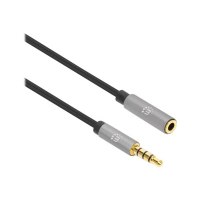 Manhattan Stereo Audio 3.5mm Extension Cable, 1m, Male/Female, Slim Design, Black/Silver, Premium with 24 karat gold plated contacts and pure oxygen-free copper (OFC) wire, Lifetime Warranty, Polybag