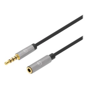 Manhattan Stereo Audio 3.5mm Extension Cable, 2m, Male/Female, Slim Design, Black/Silver, Premium with 24 karat gold plated contacts and pure oxygen-free copper (OFC) wire, Lifetime Warranty, Polybag