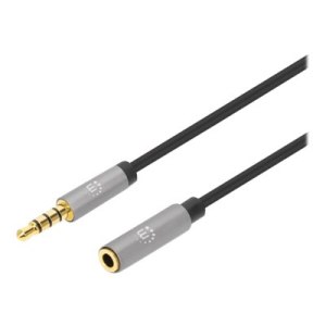 Manhattan Stereo Audio 3.5mm Extension Cable, 2m, Male/Female, Slim Design, Black/Silver, Premium with 24 karat gold plated contacts and pure oxygen-free copper (OFC)