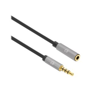 Manhattan Stereo Audio 3.5mm Extension Cable, 2m, Male/Female, Slim Design, Black/Silver, Premium with 24 karat gold plated contacts and pure oxygen-free copper (OFC) wire, Lifetime Warranty, Polybag