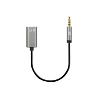 Manhattan Headset Adapter Cable with Stereo Audio Y-Splitter, 3.5mm, Aux, 20cm, Male/2x Female, Splits Single 3.5 mm Jack into Microphone-in and Audio-out, Slim Design, Black/Silver, Gold plated contacts and pure oxygen-free copper wire, Lifetime Warranty