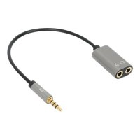 Manhattan Headset Adapter Cable with Stereo Audio Y-Splitter, 3.5mm, Aux, 20cm, Male/2x Female, Splits Single 3.5 mm Jack into Microphone-in and Audio-out, Slim Design, Black/Silver, Gold plated contacts and pure oxygen-free copper wire, Lifetime Warranty