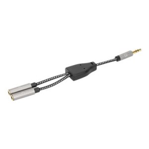 Manhattan Headphone Stereo Audio Y-Splitter Cable, 3.5mm, Aux, 15cm, Male/2x Female, Connects Two Sets of Headphones to One Audio Jack, Slim Design, Black/Silver, Gold plated contacts and pure oxygen-free copper wire, Lifetime Warranty, Polybag