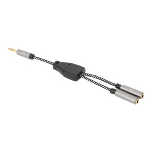 Manhattan Headphone Stereo Audio Y-Splitter Cable, 3.5mm, Aux, 15cm, Male/2x Female, Connects Two Sets of Headphones to One Audio Jack, Slim Design, Black/Silver, Gold plated contacts and pure oxygen-free copper wire, Lifetime Warranty, Polybag