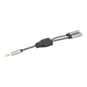 Manhattan Headphone Stereo Audio Y-Splitter Cable, 3.5mm, Aux, 15cm, Male/2x Female, Connects Two Sets of Headphones to One Audio Jack, Slim Design, Black/Silver, Gold plated contacts and pure oxygen-free copper wire, Lifetime Warranty, Polybag