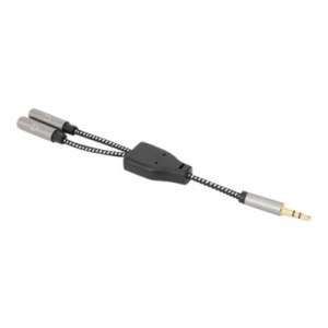Manhattan Headphone Stereo Audio Y-Splitter Cable, 3.5mm, Aux, 15cm, Male/2x Female, Connects Two Sets of Headphones to One Audio Jack, Slim Design, Black/Silver, Gold plated contacts and pure oxygen-free copper wire, Lifetime Warranty, Polybag