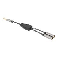 Manhattan Headphone Stereo Audio Y-Splitter Cable, 3.5mm, Aux, 15cm, Male/2x Female, Connects Two Sets of Headphones to One Audio Jack, Slim Design, Black/Silver, Gold plated contacts and pure oxygen-free copper wire, Lifetime Warranty, Polybag