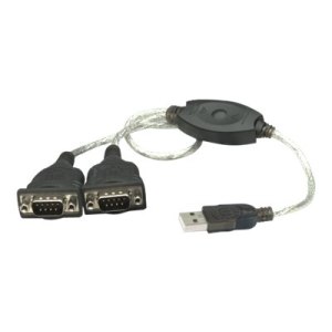 Manhattan USB-A to 2x Serial Ports Converter cable, 45cm, Male to Male, Serial/RS232/COM/DB9, Prolific PL-2303RA Chip, Black/Silver cable, Three Year Warranty, Blister