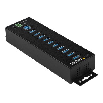 StarTech.com 10 Port USB Hub with Power Adapter, Surge Protection, Metal Industrial USB 3.0 Data Transfer Hub, Din Rail, Wall or Desk Mountable, High Speed USB 3.1/ USB 3.2 Gen 1 5Gbps Hub