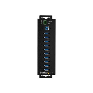 StarTech.com 10 Port USB Hub with Power Adapter, Surge Protection, Metal Industrial USB 3.0 Data Transfer Hub, Din Rail, Wall or Desk Mountable, High Speed USB 3.1/ USB 3.2 Gen 1 5Gbps Hub