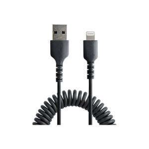 StarTech.com 50cm USB auf Lightning Kabel, Spiralkabel, MFi zertifiziert, Schnellladekabel für  iPhone/iPad, Schwarz, robuster TPE Mantel mit Aramidfaser, USB 2.0 Kabel (RUSB2ALT50CMBC)