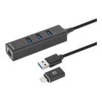 Manhattan USB-C & USB-A Combo Dock/Hub, Ports (4): Ethernet and USB-A (x3), 5 Gbps (USB 3.2 Gen1 aka USB 3.0), External Power Supply Not Needed, USB-A Male with Attachable USB-C Male Adapter, SuperSpeed USB, Black, Three Year Warranty, Retail Box - Hub -